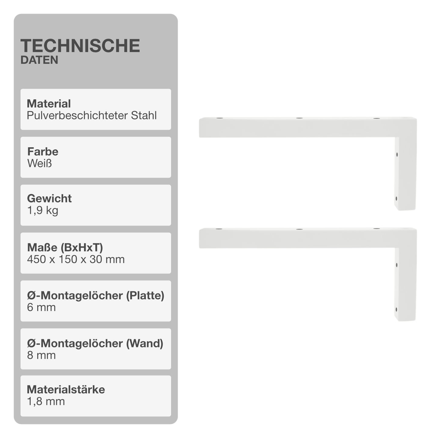 Wandkonsole | 2 Stück | Weiß | 450x150mm | Konsolenträger | Wandhalterung | L-Form