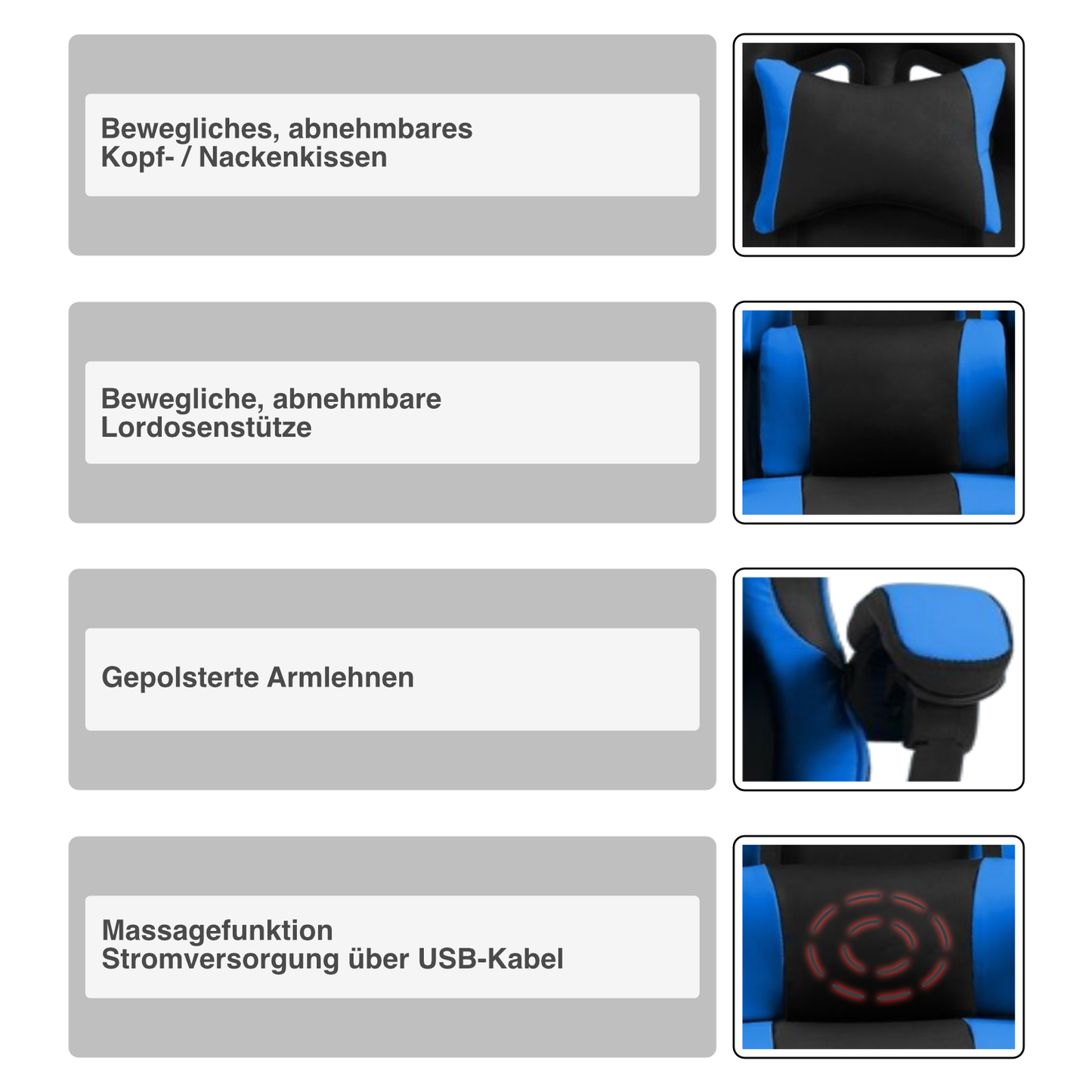 Gaming-Stuhl | Kunstleder | Blau | 62x62cm | Rollen | Sessel | Fußablage