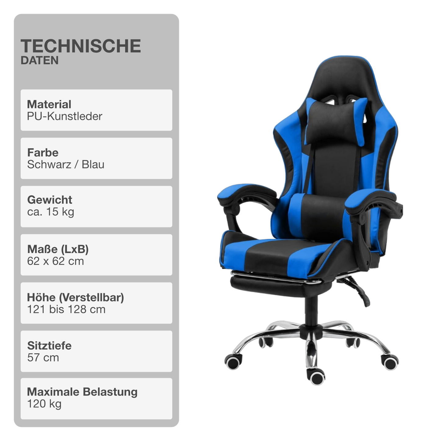 Gaming-Stuhl | Kunstleder | Blau | 62x62cm | Rollen | Sessel | Fußablage