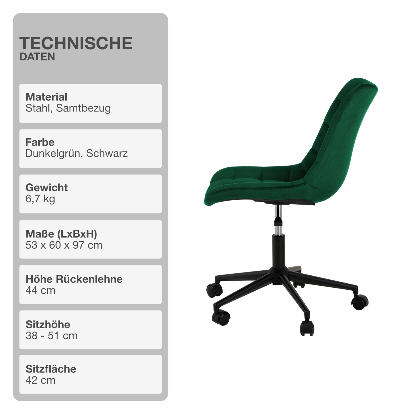 Bürostuhl | Samtbezug | Dunkelgrün | 53x60cm | Rollen | Schreibtischstuhl