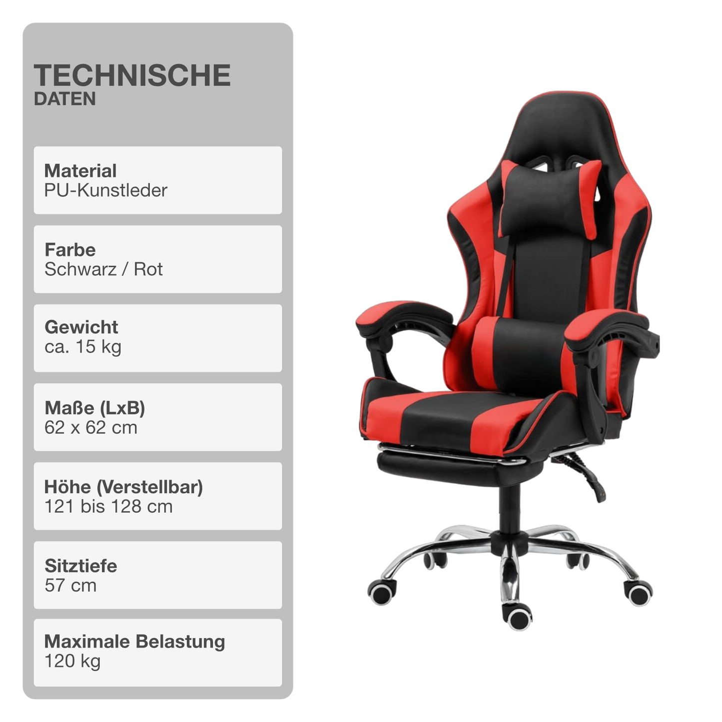 Gaming-Stuhl | Kunstleder | Rot | 62x62cm | Rollen | Sessel | Fußablage