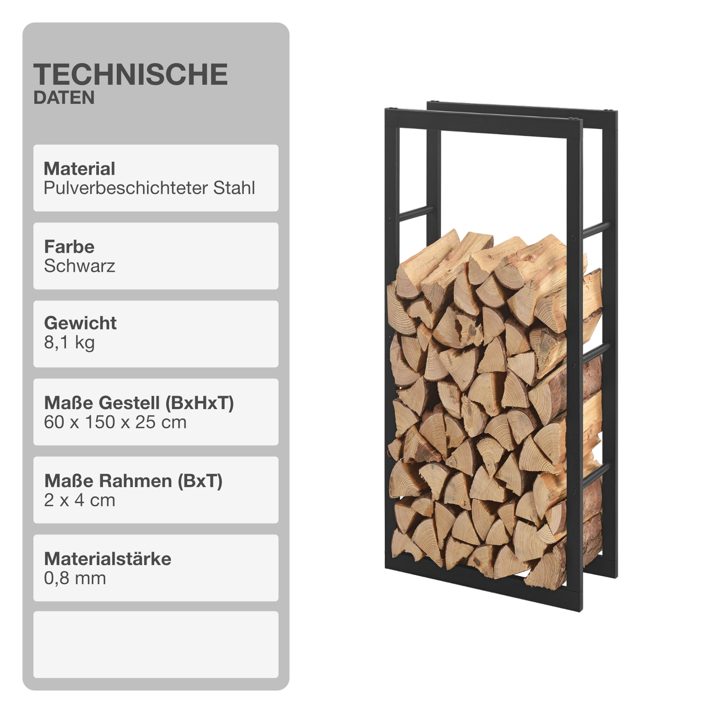 STADO® | Kaminholzregal | Stahl | Schwarz | 60x150x25cm | Feuerholzregal | Brennholz