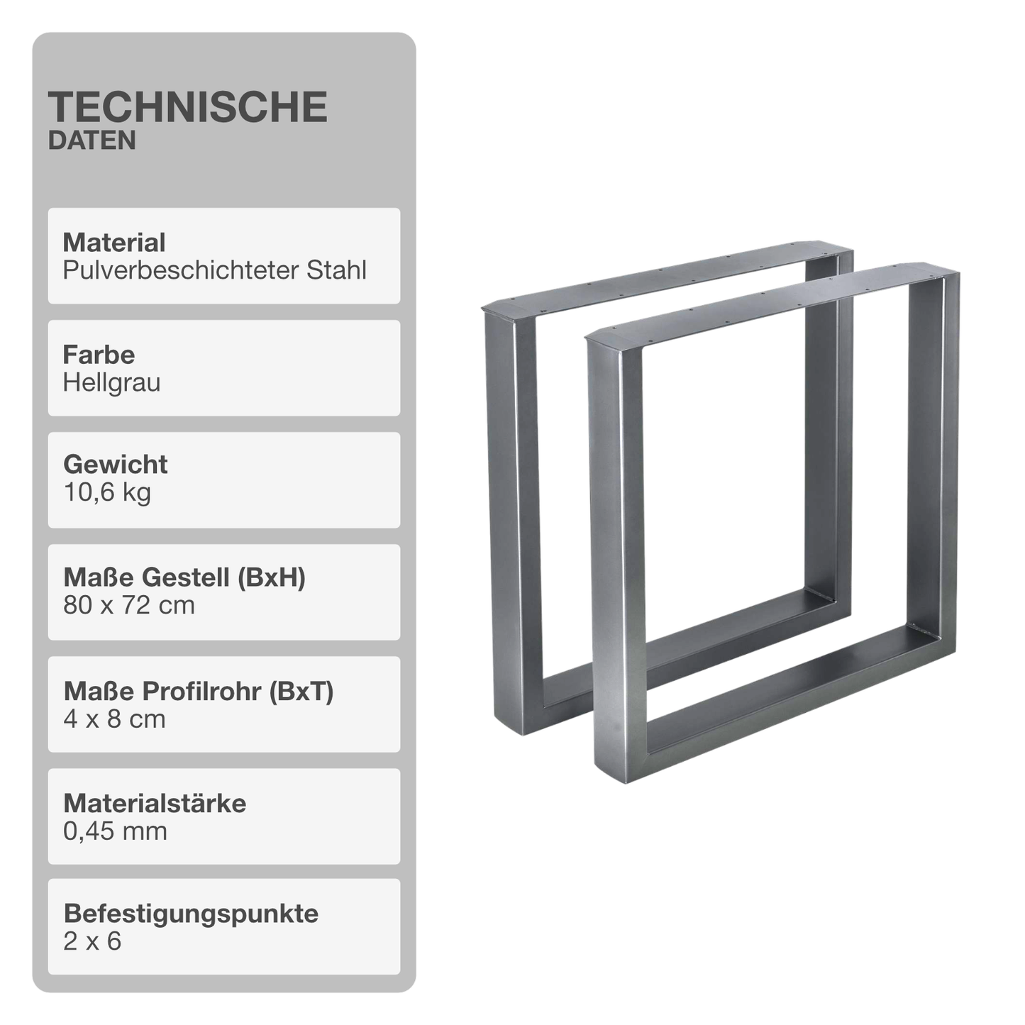 Tischgestell | 2 Stück | Hellgrau | 80x72cm | Tischbeine | Untergestell
