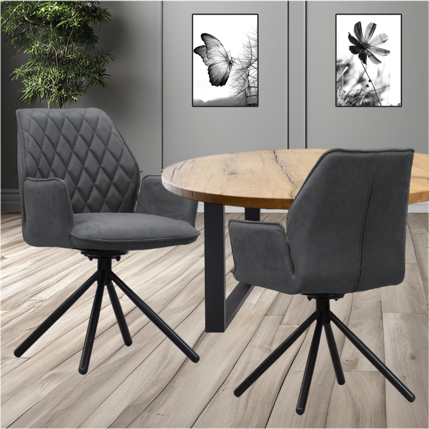 Wohn- und Esszimmerstuhl | Samt | Anthrazit | 180 Grad | Drehbar | Sessel