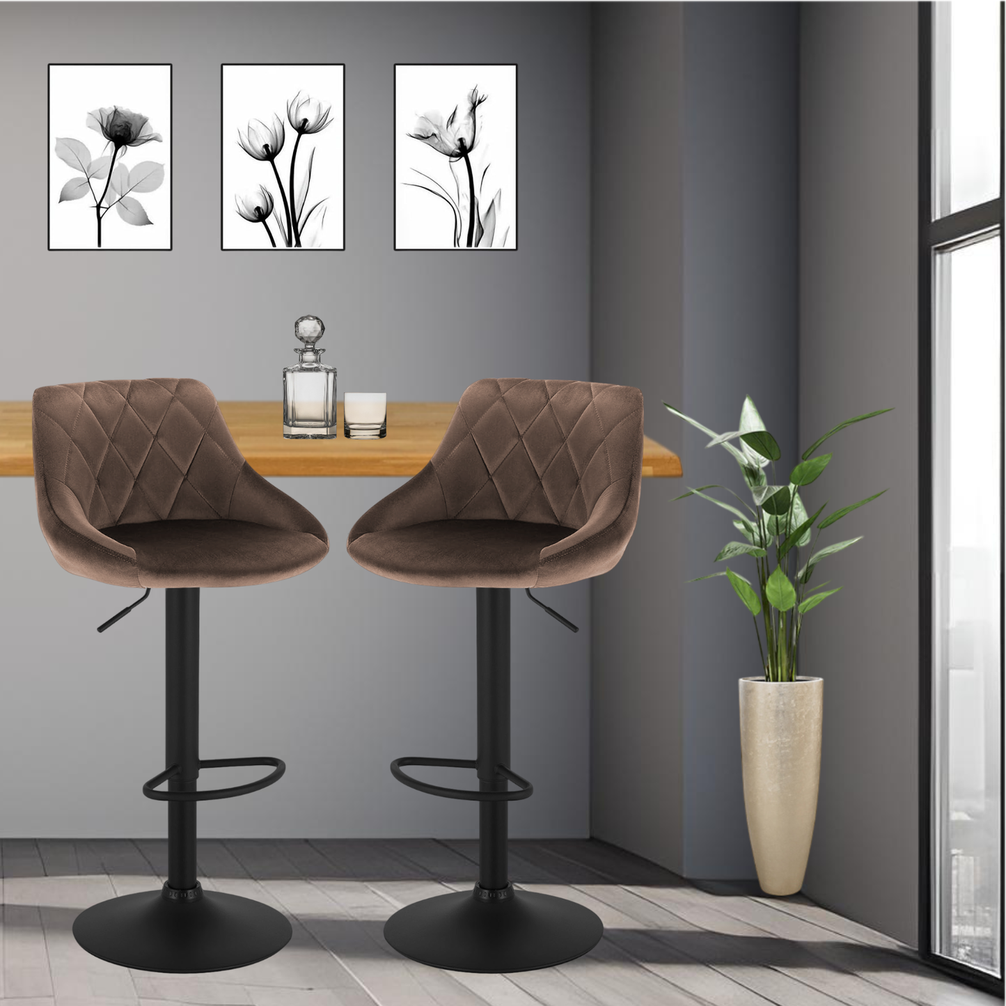 Barhocker | 2 Stück | Braun | Kunstleder | Drehbar | Höhenverstellbarr
