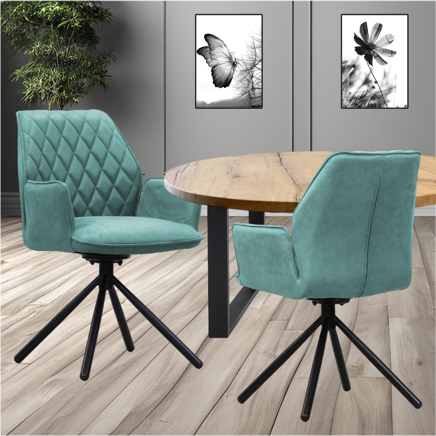 Wohn- und Esszimmerstuhl | Samt | Salbei | 180 Grad | Drehbar | Sessel
