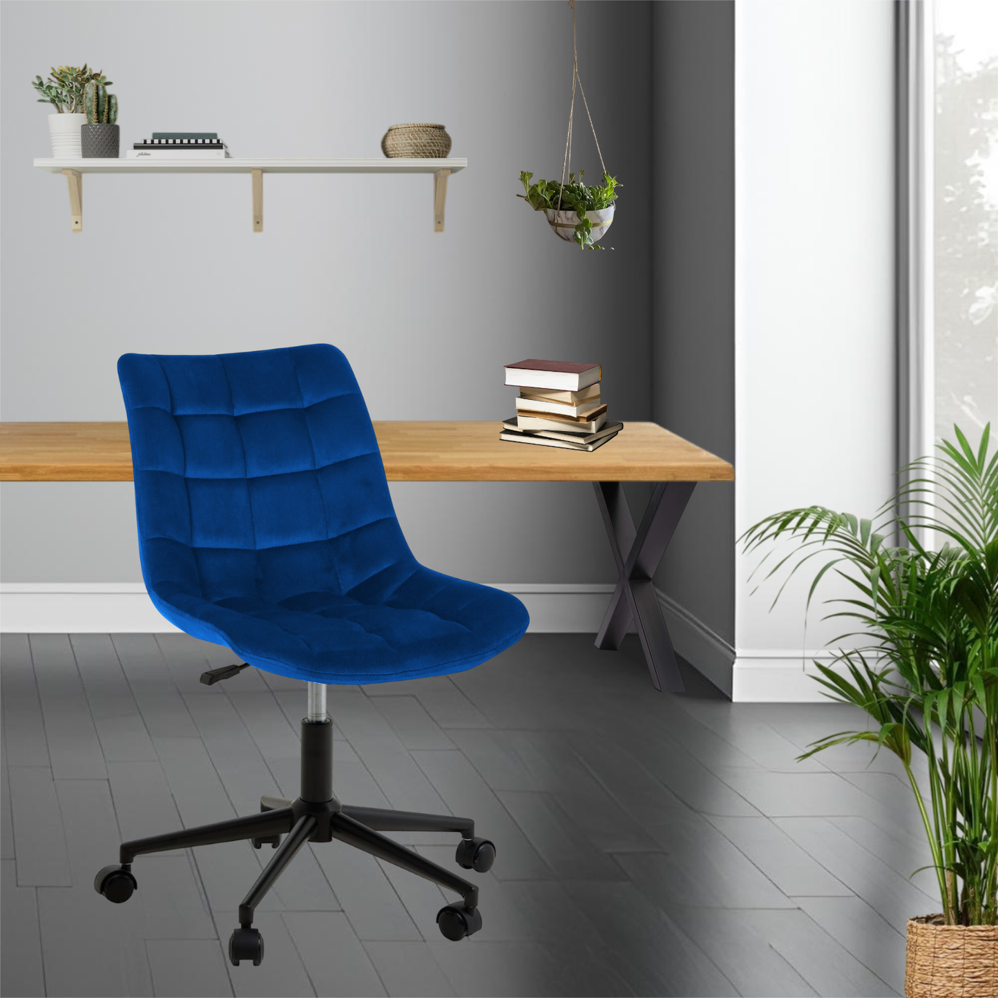 Bürostuhl | Samtbezug | Dunkelblau | 53x60cm | Rollen | Schreibtischstuhl