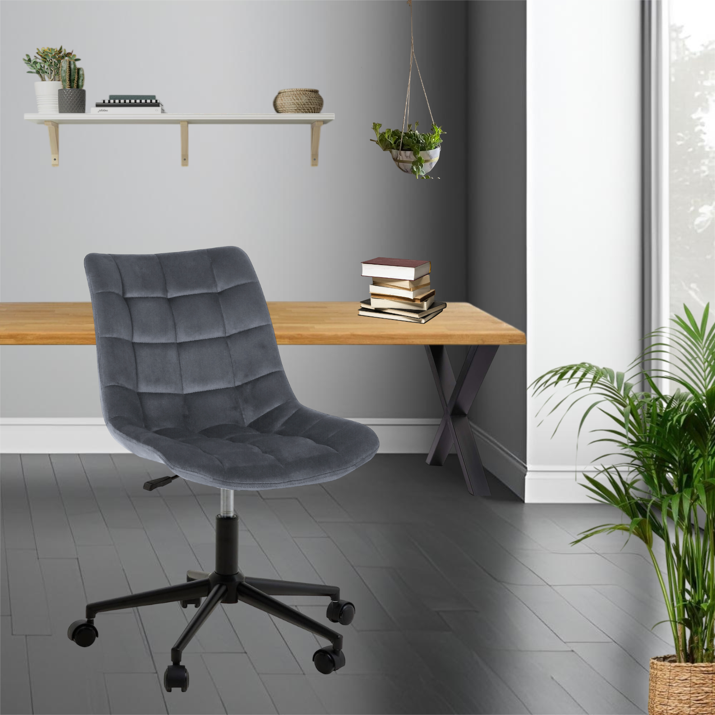 Bürostuhl | Samtbezug | Dunkelgrau | 53x60cm | Rollen | Schreibtischstuhl