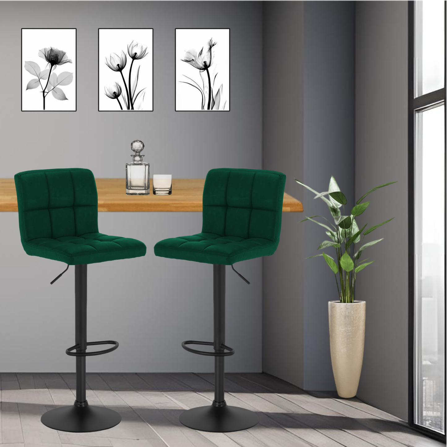 Barhocker | 2 Stück | Dunkelgrün | Samtbezug | Drehbar | Höhenverstellbar