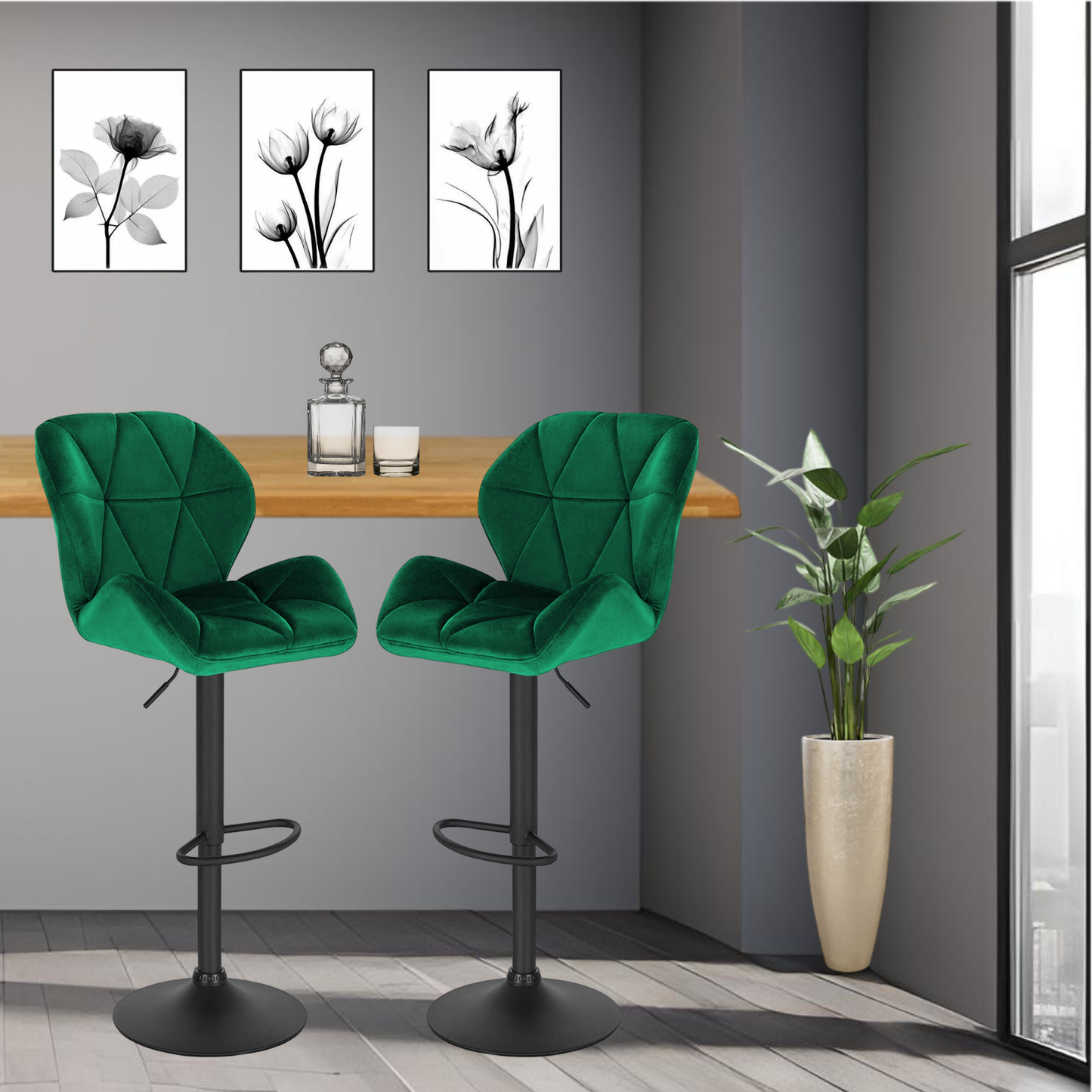 Barhocker | 2 Stück | Dunkelgrün | Samtbezug | Drehbar | Höhenverstellbar