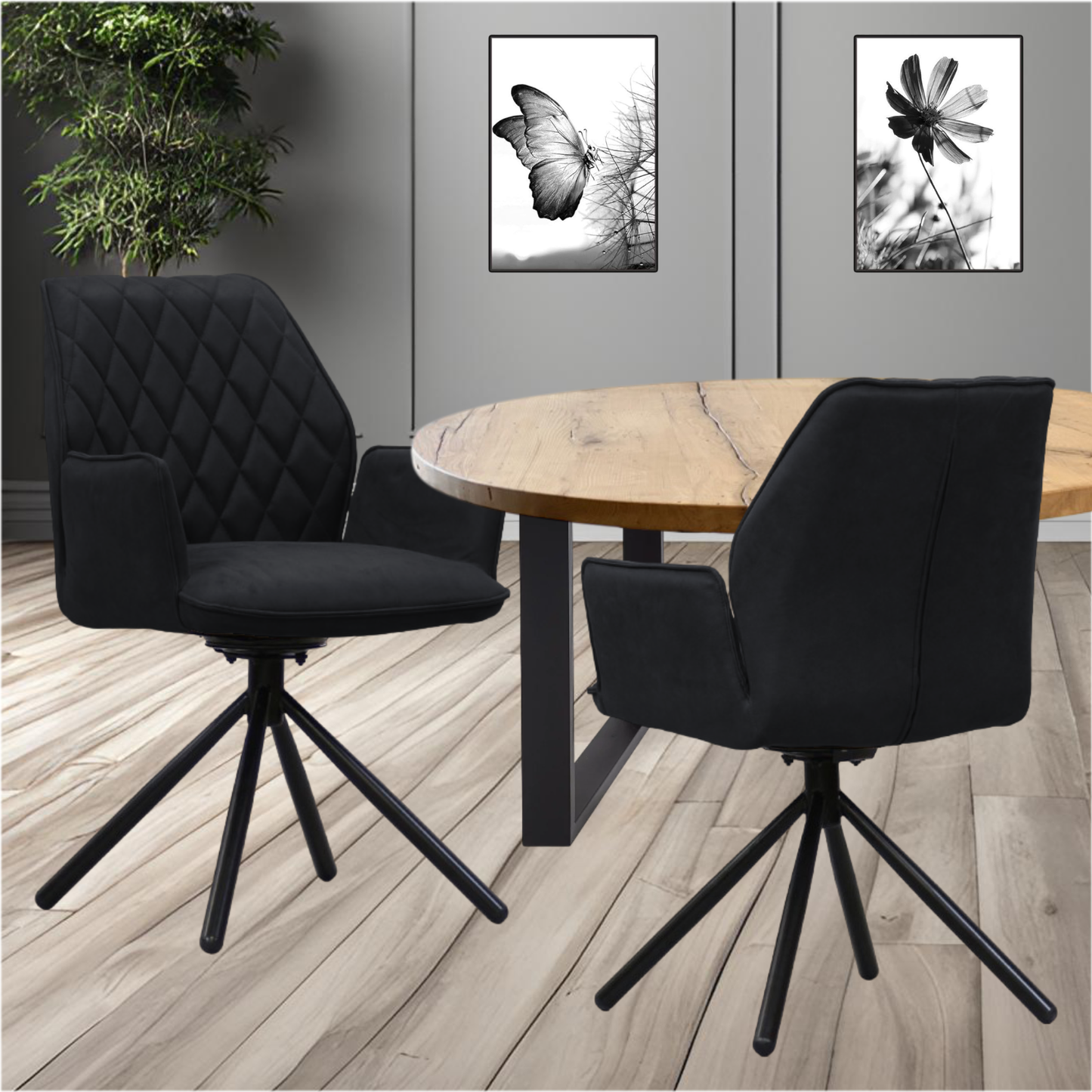 Wohn- und Esszimmerstuhl | Samt | Schwarz | 180 Grad | Drehbar | Sessel