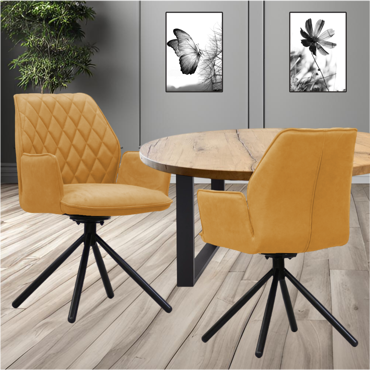 Wohn- und Esszimmerstuhl | Samt | Senfgelb | 180 Grad | Drehbar | Sessel