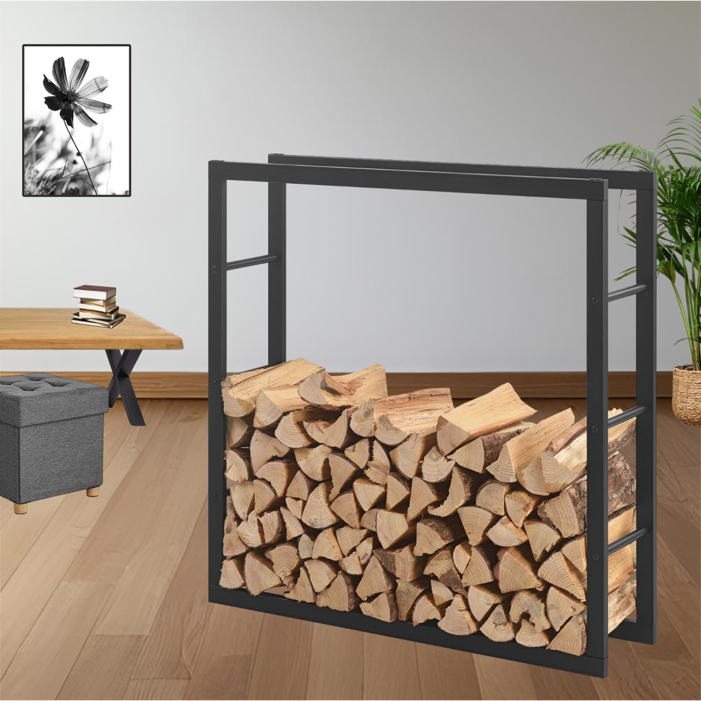 Kaminholzregal | Stahl | Schwarz | 100x100x25cm | Feuerholzregal | Brennholz