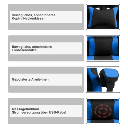 Gaming-Stuhl | Kunstleder | Blau | 62x62cm | Rollen | Sessel | Fußablage