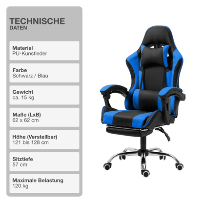Gaming-Stuhl | Kunstleder | Blau | 62x62cm | Rollen | Sessel | Fußablage