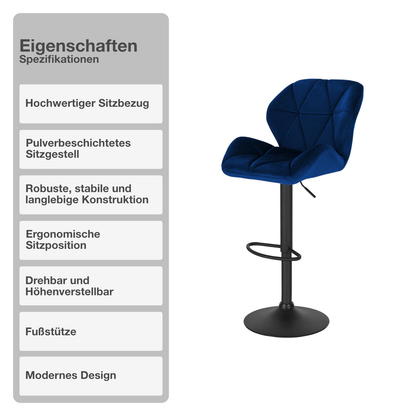 Barhocker | 2 Stück | Dunkelblau | Samtbezug | Drehbar | Höhenverstellbar