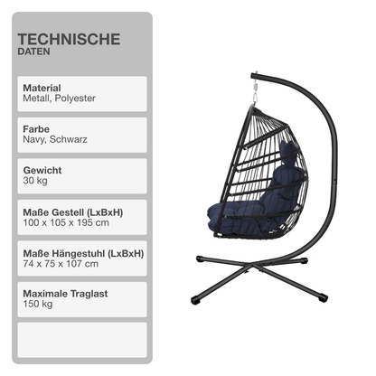 Hängeschaukel | Rattan-Optik | Navyblau | Hängekorb | Hängesessel | Kissen
