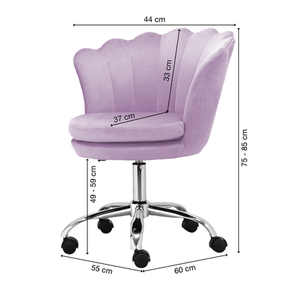 Bürostuhl | Samtbezug | Lila | 55x60cm | Rollen | Armlehnstuhl | Muschel