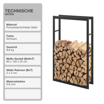 Kaminholzregal | Stahl | Schwarz | 80x150x25cm | Feuerholzregal | Brennholz