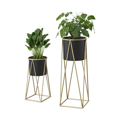Blumenständer mit Übertopf | Stahl | Schwarz-Gold | Set mit 2 Höhen